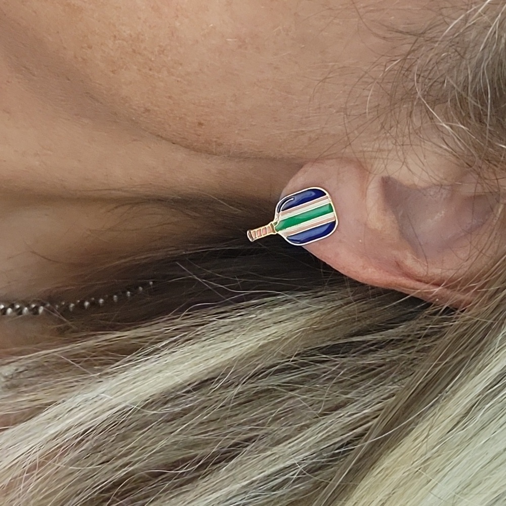 PREPPY STRIPE PICKLEBALL PADDLE Enamel Earrings